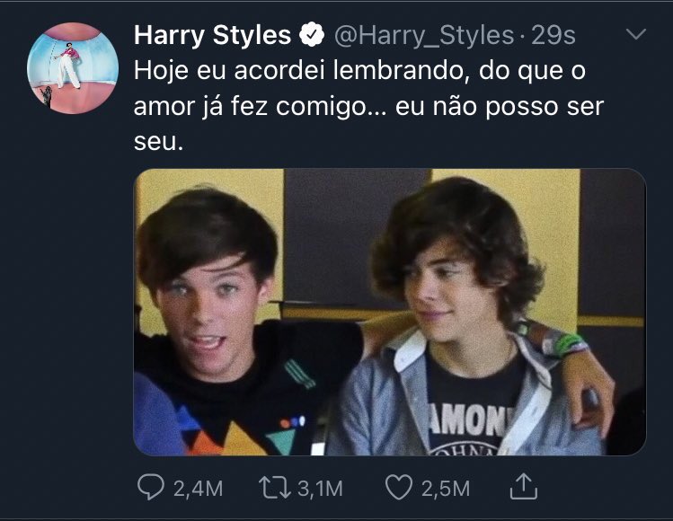 finxwallsx's tweet photo. Doce — au larry.

Após uma madrugada conturbada, Harry posta rm seu twitter uma declaração para seu primeiro amor, e ex colega de banda, Louis Tomlinson.
ou
Com o tão esperado fim de contrato, Harry e Louis talvez tenham uma chance de recomeço. https://t.co/KF5gEZVglQ