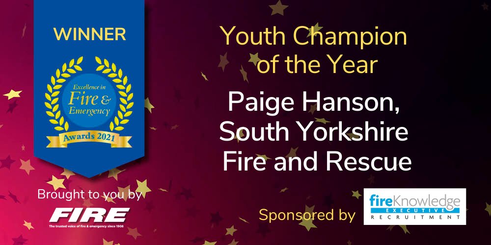 Congratulations to Paige Hanson @SYFR, this year's Youth Champion of the Year! Sponsored by Fire Knowledge Executive Recruitment #EFEs #fireandrescue #excellence #FIRE