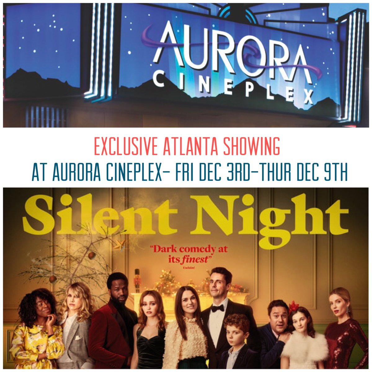 SILENT NIGHT
Tix: fandango.com/aurora-cineple…

#SilentNight #SilentNightMovie  #RomanGriffinDavis #KeiraKnightley #LilyRoseDepp #MatthewGoode #AnnabelleWallis #LucyPunch #TrudieStyler #AuroraCineplex #roswellga #wheninroswell #ExploreRoswell #visitroswellga #atlantamovietheater