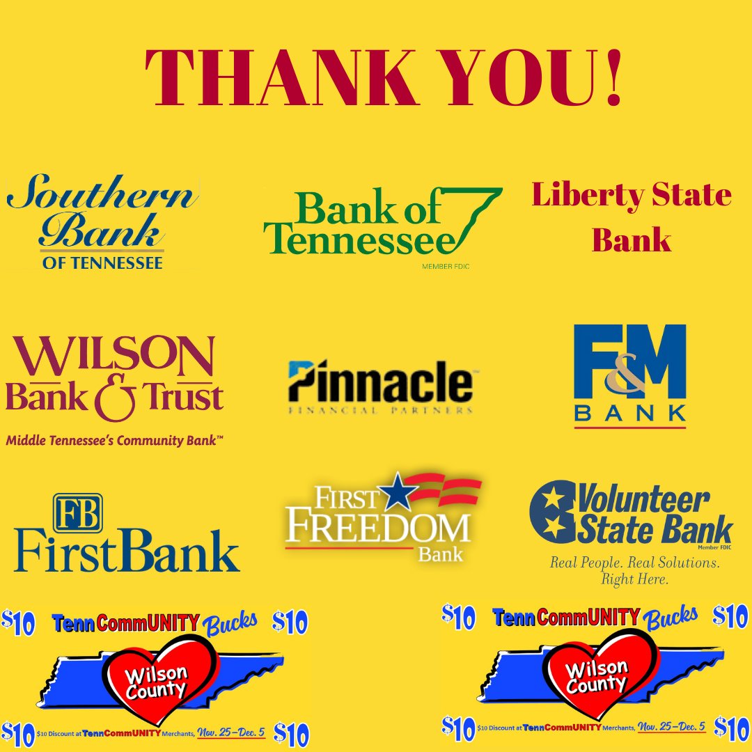 tenncommunity's tweet photo. Last but certainly not least we need to say thank you to all the banks that joined together to #supportlocal and help keep #wilsoncountystrong. Thank you #TennCommUNITY banks for your support! https://t.co/zrzxjWhecE