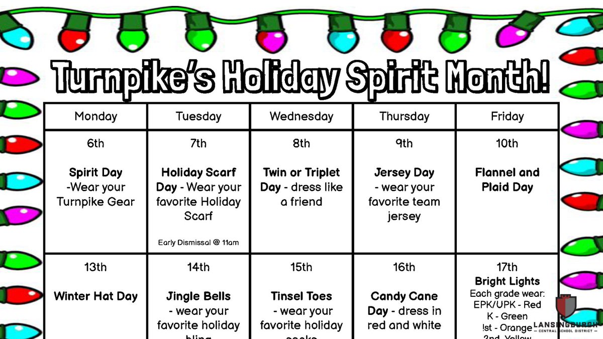 LCSD_NY's tweet photo. Hey @TurnpikeES families! Your students (&amp; the staff) are invited to participate in TES Holiday Spirit Month starting Dec. 6! Check out the daily themes @ https://t.co/vi2HXGfs0I https://t.co/X6bmQPkxQC