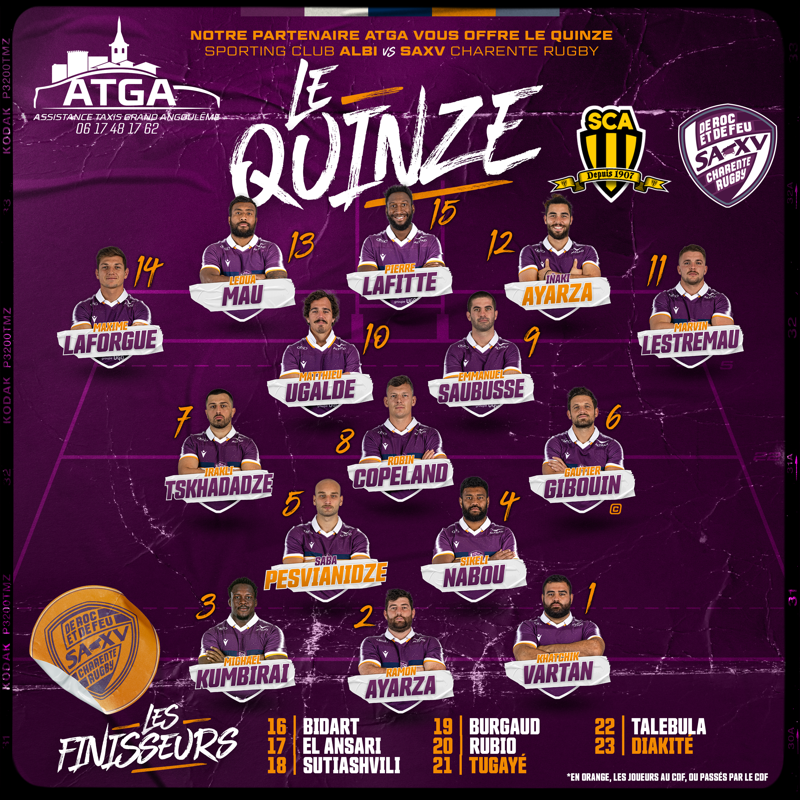 SAXV_Charente's tweet photo. 🔥 Le XV pour #SCASAXV
Notre partenaire Assistance Taxis Grand Angoulême vous offre le quinze de nos violets !
Voici le XV de nos violets pour le déplacement au Stadium d'Albi demain à 19h ! 💥
Soutenez nos joueurs en commentaires ⬇️
#saxv #rugby #scasaxv