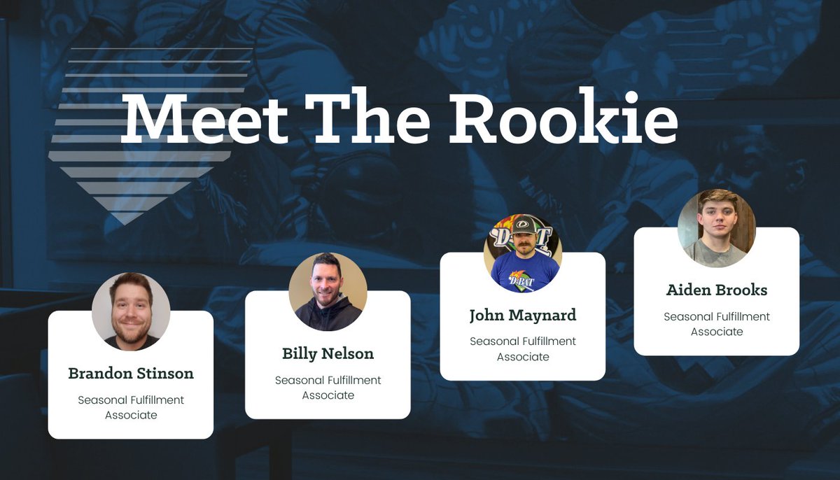 #MeetTheRookie🤝Please join us in welcoming Brandon Stinson, Billy Nelson, John Maynard, and Aiden Brooks to the team! 

Brandon, Billy, John, and Aiden join us as Seasonal Fulfillment Associates to assist during the holiday and busy season. 

Welcome to the team!