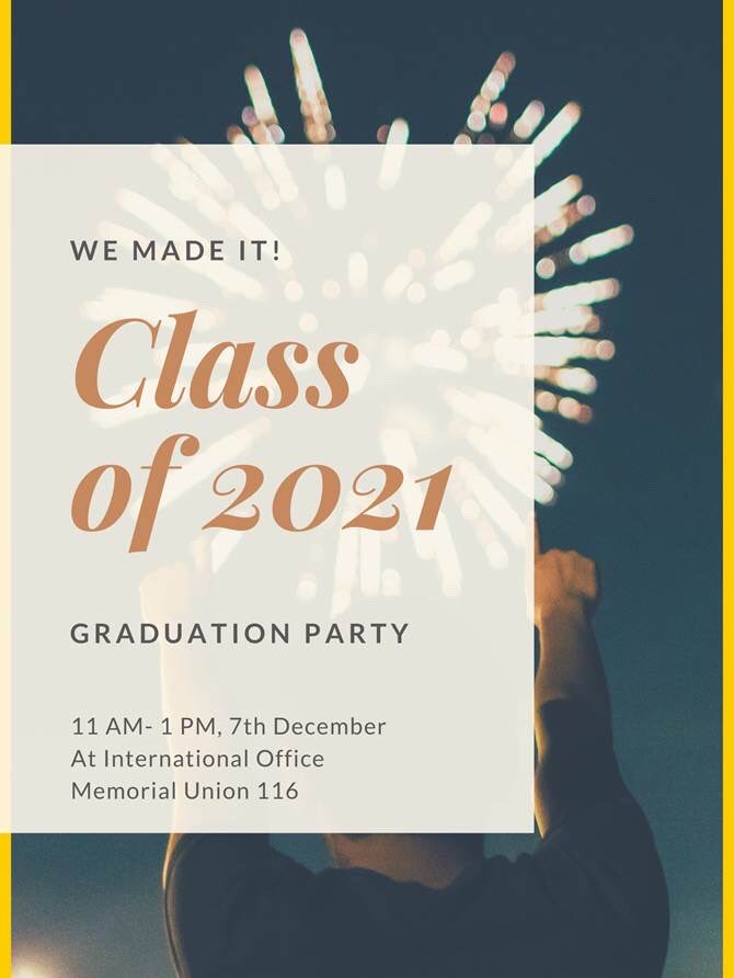 مكتب الطلاب الدوليين بالجامعة سيستقبل الخرِّيجين هذا الترم لتهنئتهم. 

الوقت: يوم الثلاثاء الموافق ٧ ديسمبر من الساعة ١١ صباحاً الو الساعة ١ مساءاً 

المكان: بمكتبهم باليونيون.

#NDSU
#Classof2021