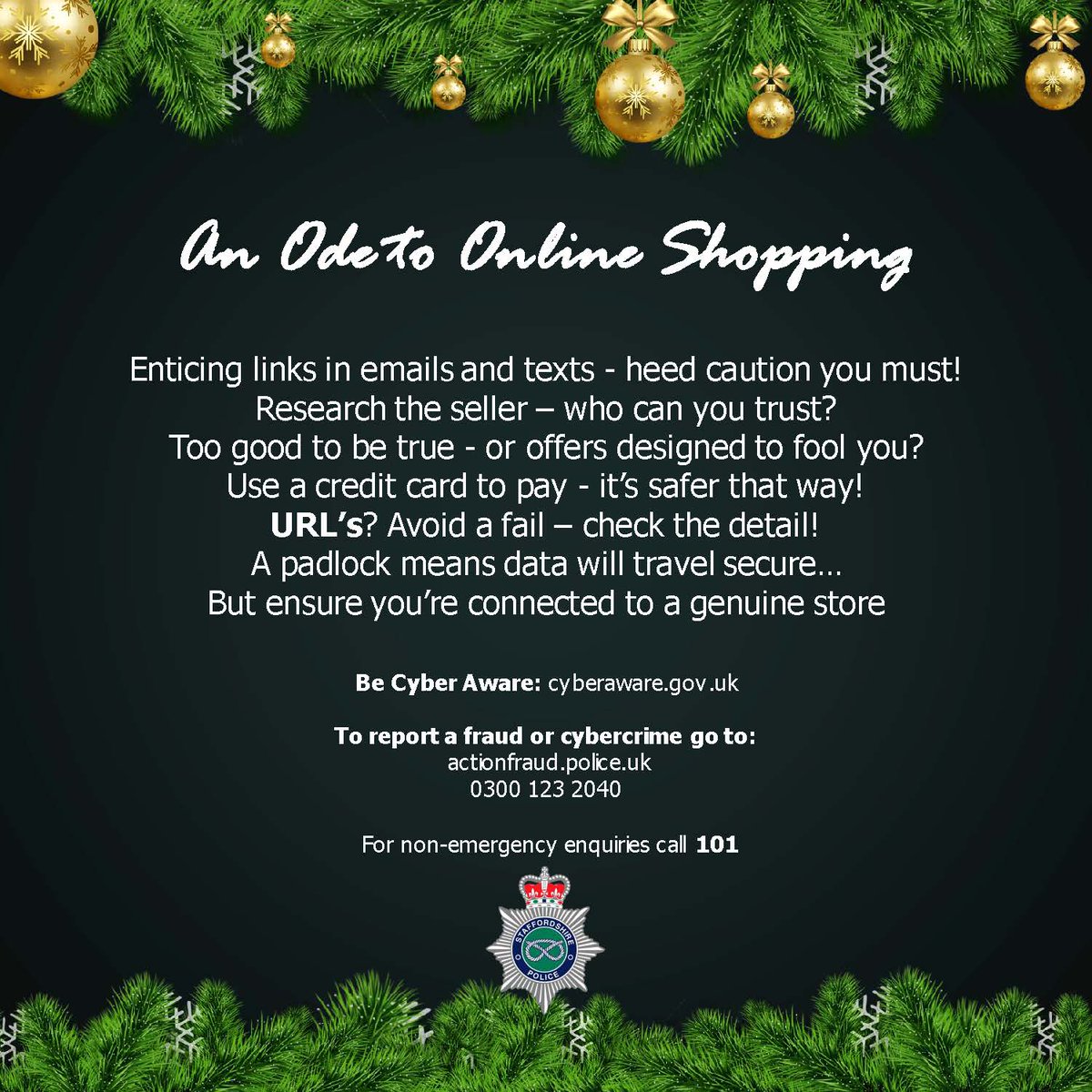 CommunitiesSOT's tweet photo. A message from our friends over at @StaffsPolice
Helping to stay safe this Christmas.
Further advice can be found:
https://t.co/ffDeb70N8d
Report cyber-crime and fraud to: https://t.co/0ZxpPL8WiJ or call: 0300 123 2040 https://t.co/xZApb2ccTV