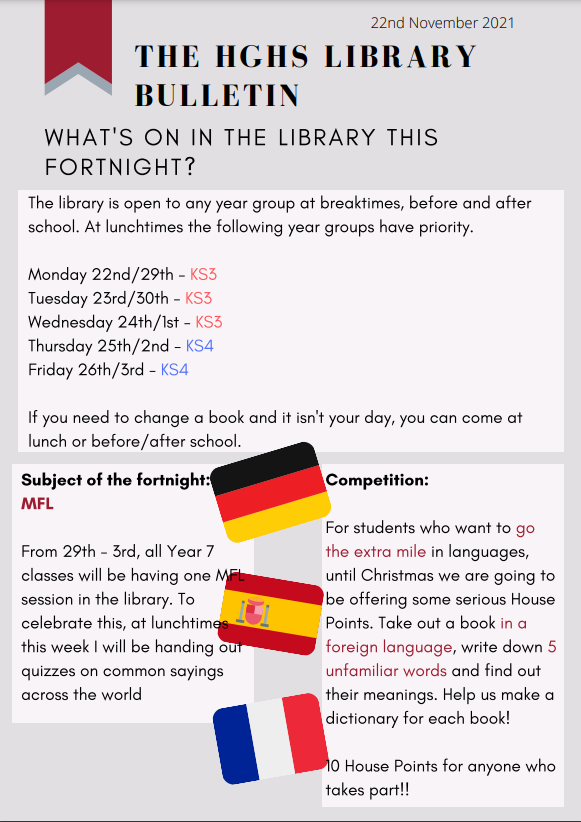 HGHS_Library's tweet photo. Over the last 2 weeks at HGHS Library, we've been focusing on developing reading skills across different languages. We started with a quiz on common sayings and phrases in German, French and Spanish from 22nd Nov-26th Nov. (1/4) https://t.co/e3HeWTUeU8