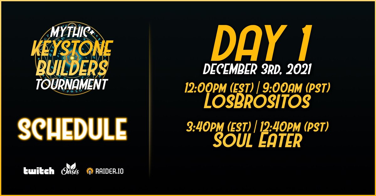 oasis_w0w's tweet image. Today is the FIRST DAY of the Mythic+ Keystone Builders Tournament! In one hour, our very first team 'Los Brositos' will be kicking off an entire weekend of keys! 🔑

Make sure you tune in at twitch.tv/oasis_wow! 🏆
And find everything you need at: ! 👀