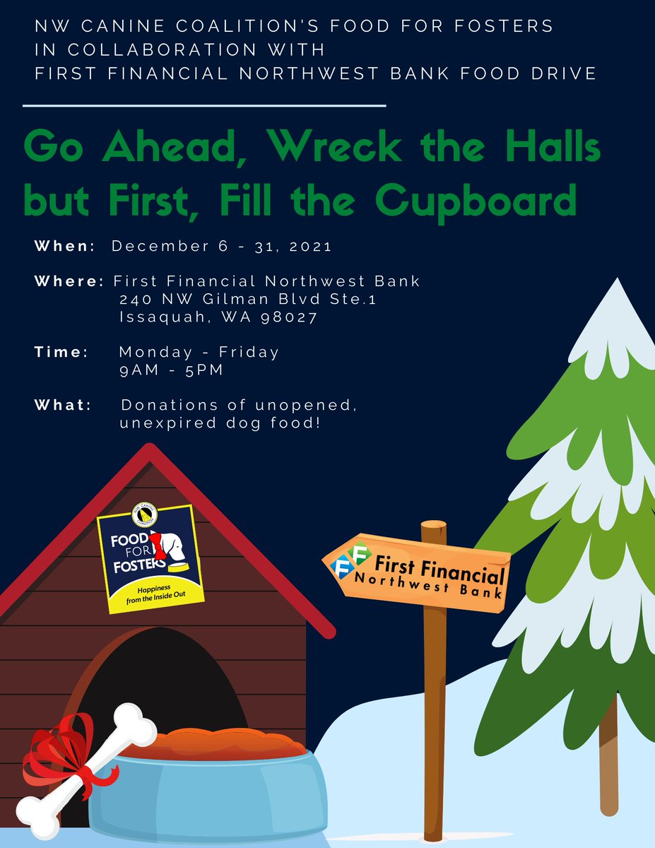 The Plateau Partners chapter of BNI has selected our Food for Fosters program as their charity of choice this holiday season!
In collaboration with First Financial Northwest Bank, we are collecting unopened, unexpired dog food. See our flyer for more info!
linktr.ee/NWCC