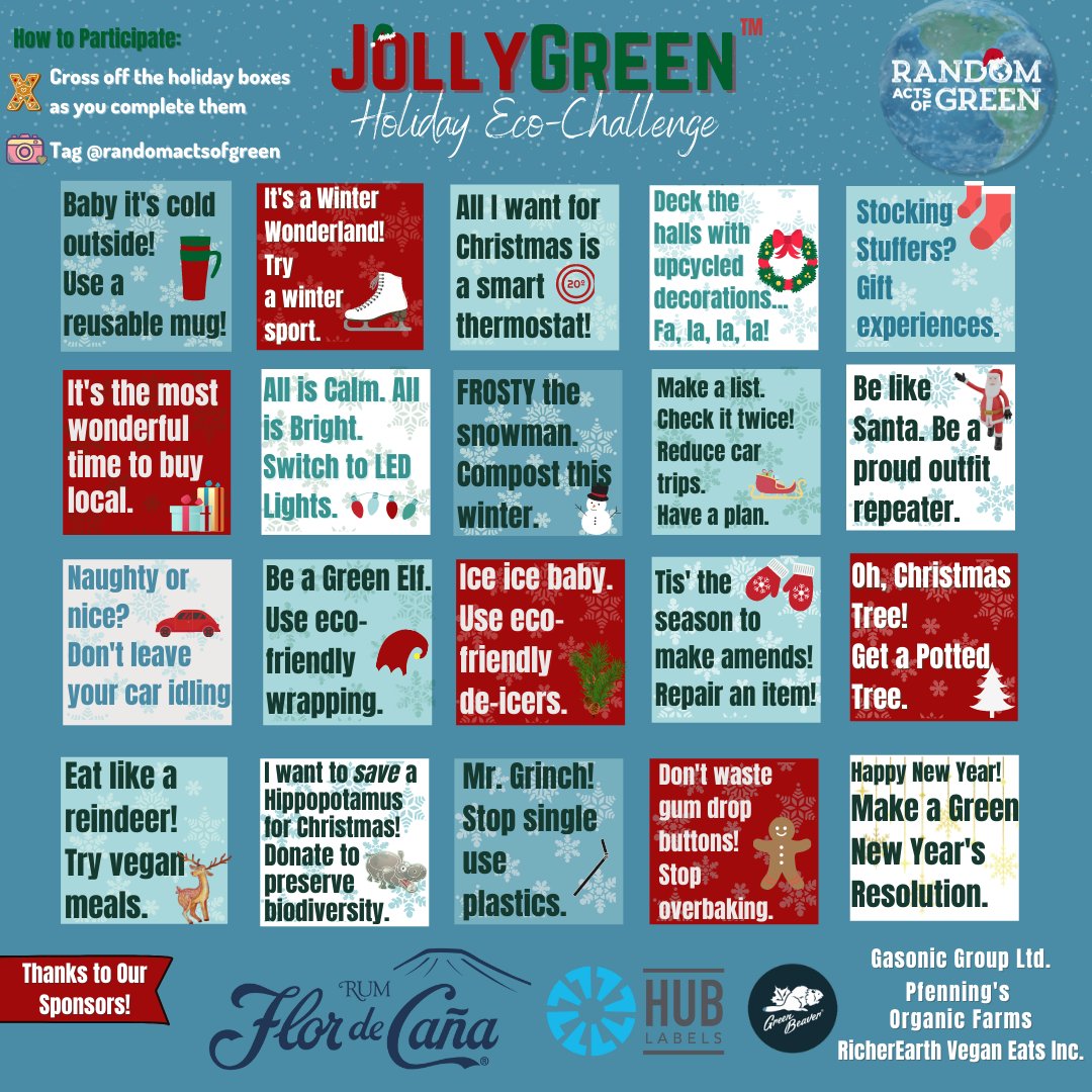 Bedford2030's tweet photo. Global waste levels increase by 𝟐𝟓-𝟑𝟎% over the holiday season. Participate in the #randomactsofgreen challenge and reduce your footprint!

❌ Cross off as many holiday boxes as possible throughout the month
📲 Share your progress with @Bedford2030and @RandomActsGreen https://t.co/w8XaaOfwGy