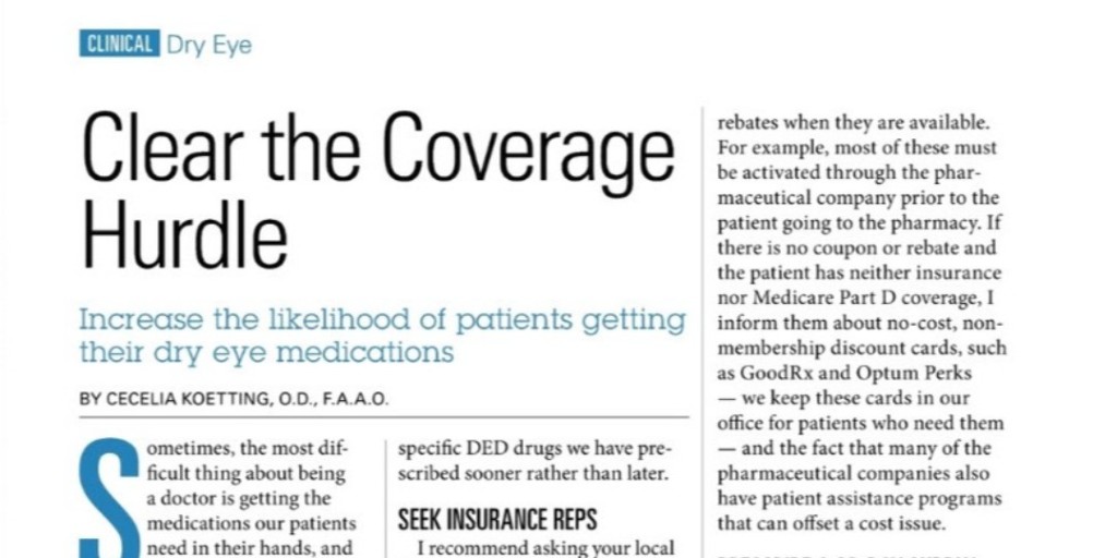 Take a look at 'Clear the Coverage Hurdle'--- a helpful article in Optometric Management written by Intrepid member Cecelia Koetting, OD, FAAO!

Link: ow.ly/gCzs50GSE0A
 
<a href="/OptoManagement/">OptometricManagement</a> 
#optometrist #optometrystudent #womeninoptometry  #dryeyedisease #intrepideyesociety