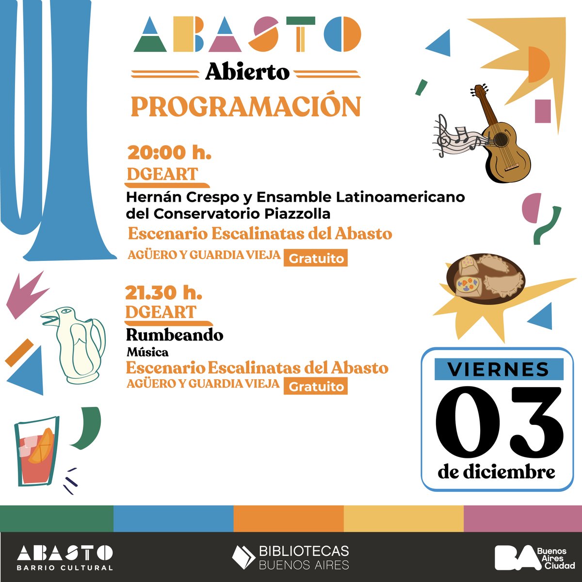 datacultura's tweet photo. Hoy empieza un fin de semana con #AbastoAbierto 🎉
Deslizá para conocer los shows y recorridos que podés ver 👉
Encontrá más información sobre los espectáculos de hoy y mañana en https://t.co/NKVpPIP2eR
#AbastoBarrioCultural #DGEART #FestivalNoConvencional @EspacioMoebius https://t.co/cEEbHDe34P