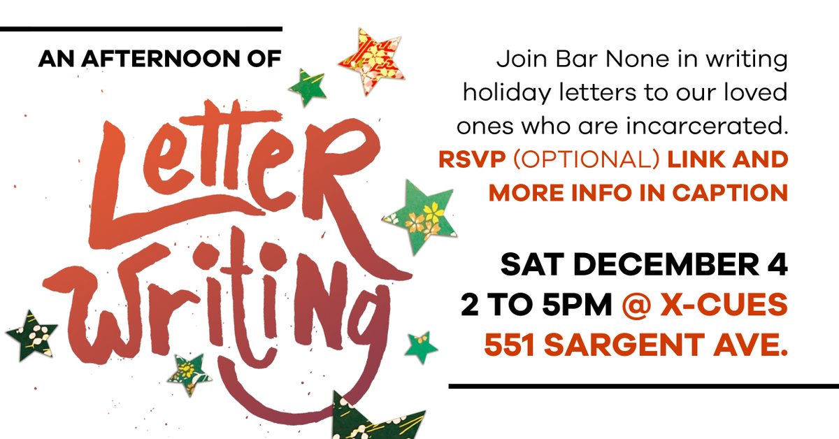 Join us in writing holiday letters to those who are incarcerated. Enjoy an afternoon of creativity, solidarity, and pizza and salad—and help spread the holiday cheer past prison bars. Proof of vaccination is required and all ages are welcome. RSVP at aboli.sh/isolation