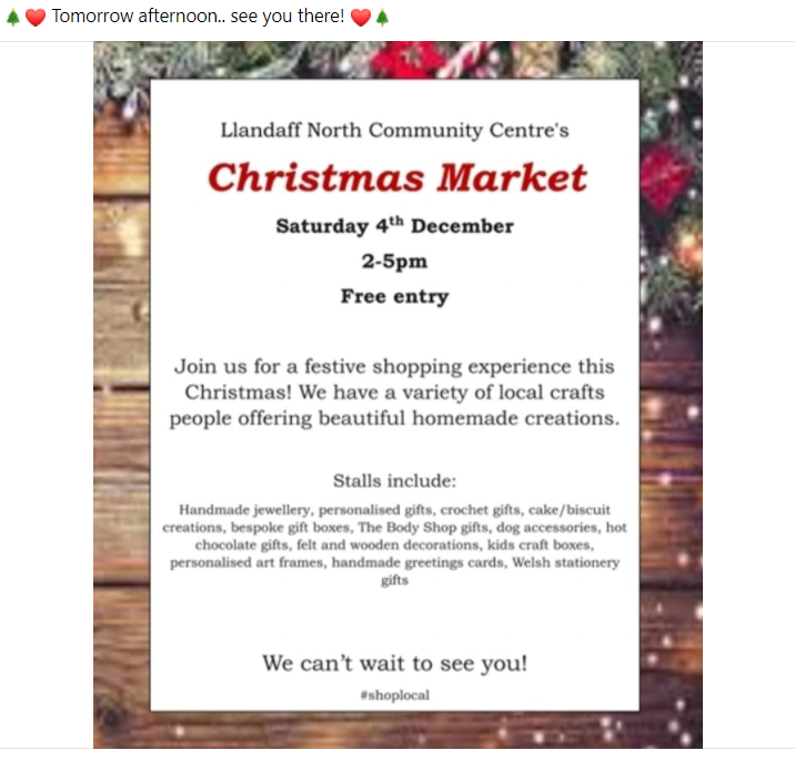 LlandaffNCC's tweet photo. Come along to our Christmas Market tomorrow
We can't wait to see you!🎄 https://t.co/PQTaAImbf9