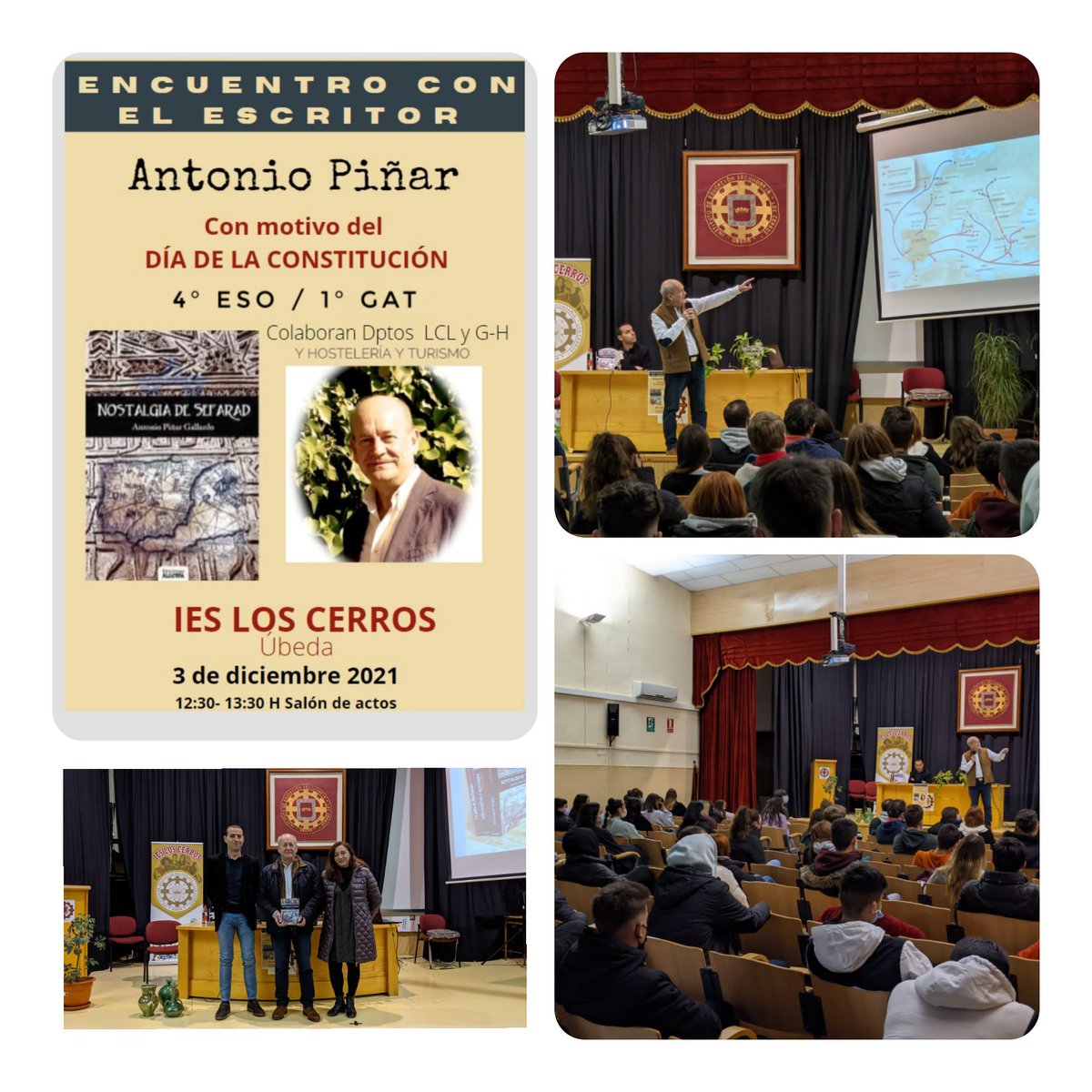 Antonio Piñar <a href="/orientacastulo/">Antonio Piñar Gallardo</a> con su libro, _Nostalgia de Sefarad_ ha visitado <a href="/IESLosCerros/">IES Los Cerros</a>, nos ha  ilustrado sobre el pueblo sefardí y recordado que en la Constitución (art. 16) cabemos todas las personas, lo que desgraciadamente no sucedió en tiempos pasados.<a href="/redbecreaja/">Red BECREA Jaén</a>