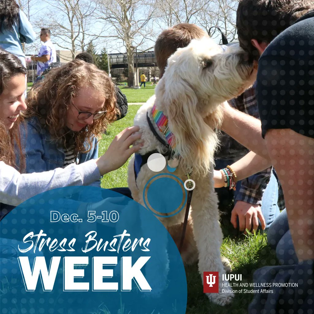 IUPUIwellness's tweet photo. Stress Busters Week starts this weekend! There are over 25 stress-reducing events! To see a full list of events, go to https://t.co/eO1lP7O2J8 #JagWELL #iupui #StressBustersWeek https://t.co/45ISdFBKk4