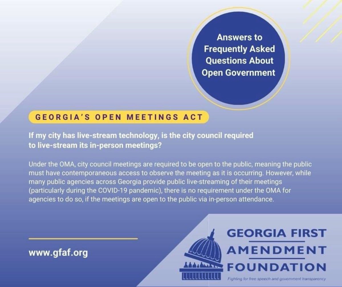 Georgia1stAmend's tweet image. If my city has live-stream technology, is the city council required to live-stream its in-person meetings?

Find answers to more frequently asked questions about open government here: bit.ly/GaOpenGovFAQs