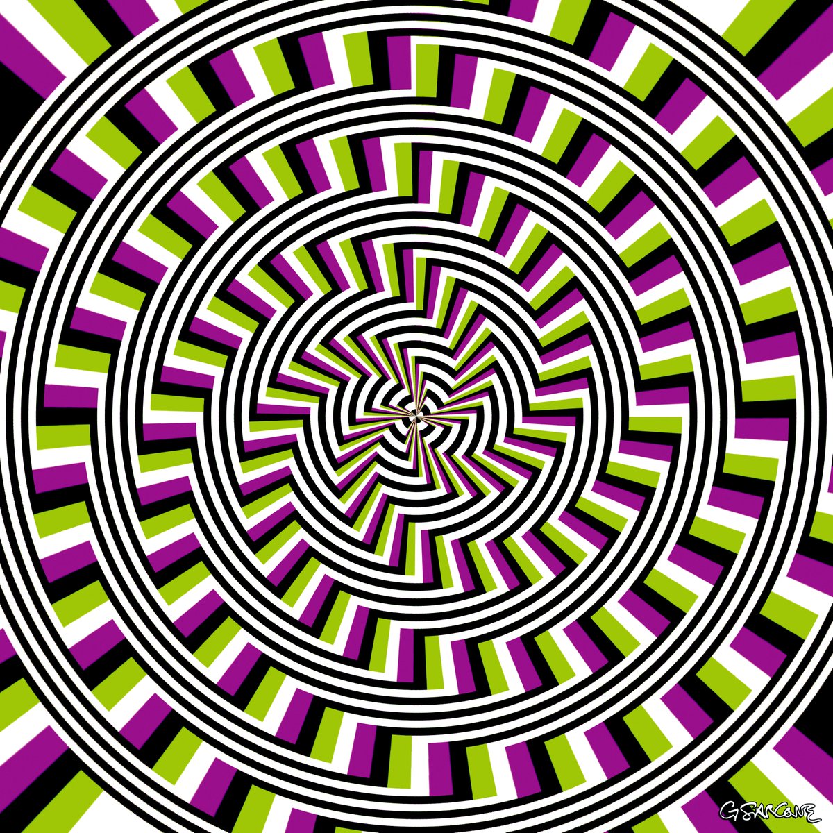 gsarcone's tweet photo. And yet it moves!
["Unspiral 2", 2007, collage + ink + photoshop.]
Does this colorful geometric pattern appears to magically rotate and move? Available as prints and canvases from my online gallery: https://t.co/Fc40cNYVdU
#opticalillusion #selfmoving #spiral https://t.co/wKTSHhqfZj