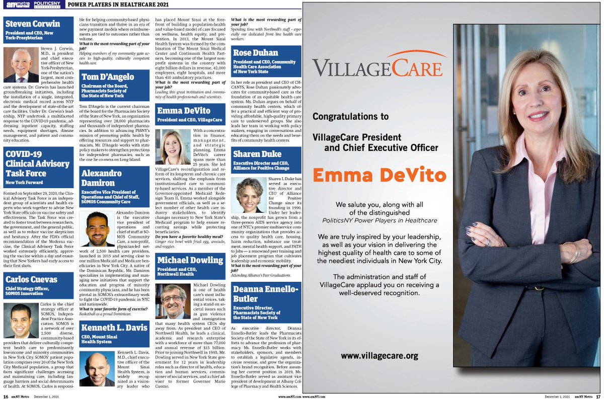 Congratulating to VillageCare’s President and CEO, Emma DeVito, on being named in PoliticsNY’s Power Players in Healthcare 2021. #politicsny #powerplayer 
politicsny.com/power-lists/po…