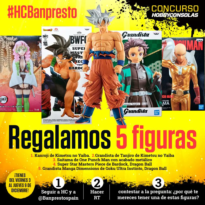 hobby_consolas's tweet photo. ¡Sorteamos 5 figuras de Banpresto! ¿Quieres conseguir una? 

1️⃣ Sigue a @hobby_consolas y @Banprestospain
2️⃣ RT
3️⃣ Dinos por qué te mereces una de estas figuras con el hashtag HCBanpresto

⏰ ¡Tienes hasta las 23:59 del 9/12 para participar! BBLL: https://t.co/6QVNijNbBC https://t.co/xFU8TngLHe