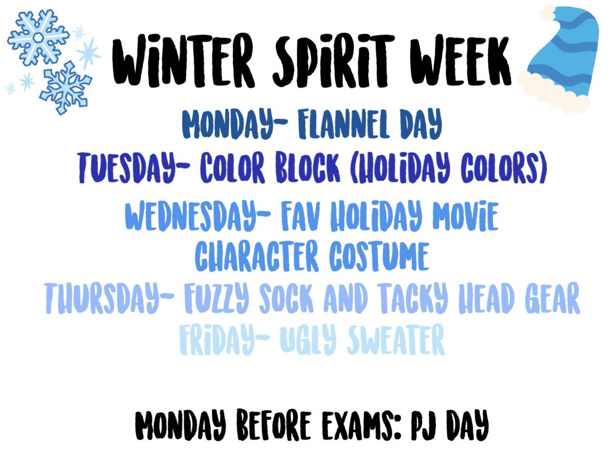 HEY PANTHERS! We are gonna have a Winter Spirit Week next week to gear up for exam week!❄️ <a href="/Hilliard_Darby/">Hilliard Darby HS</a>