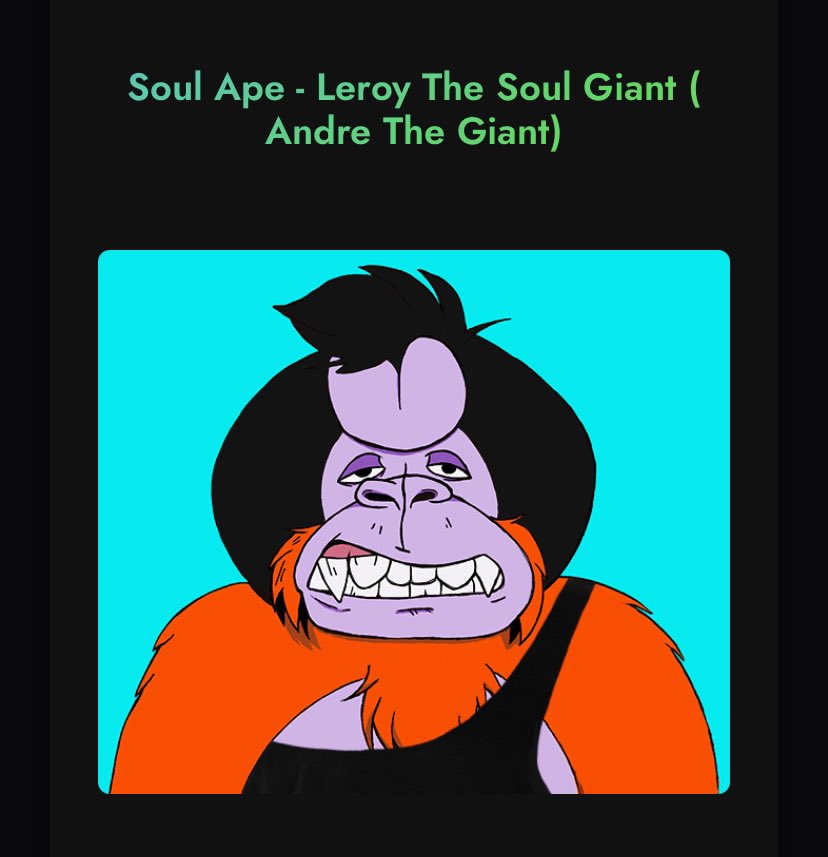 SoulApeOfficial's tweet photo. Drop 🚨 only on @SpardaWallet using #Zilliqa #ZIL for this 1/1 Soul Giant ( Andre the Giant) don’t miss out!! LINK: https://t.co/lp4QgPJyXs #nftcollectors #NFTCommunity #nftcollector #NFTartists #soulape #spardawallet https://t.co/J27lPce63v