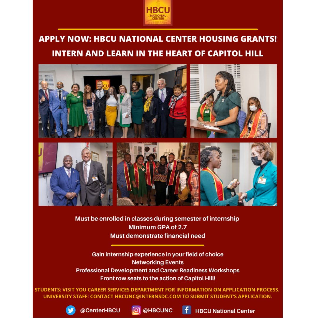 ncatocs's tweet photo. Apply  for HBCU National Center Housing Grants for the opportunity to intern and learn in the heart of capitol hill!  Must be enrolled during the semester of the internship, have a minimum of 2.7, and have financial needs. #NCAT #ncatcaes #ncatcahss #ncatchhs #ncatcost #ncatcoe https://t.co/8PpgM9zZjf