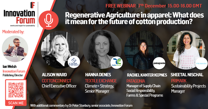 Cotton_Connect's tweet photo. Join in for an exciting webinar on Regenerative Agriculture in apparel on Dec 7 with our CEO - Alison Ward, Primark, Textile Exchange and Patagonia. 

Register now: https://t.co/3N1xb9J3w7      

#CottonConnect #RegenerativeAgriculture #CottonFarming @InnovaForum https://t.co/QolIsjyQ8J