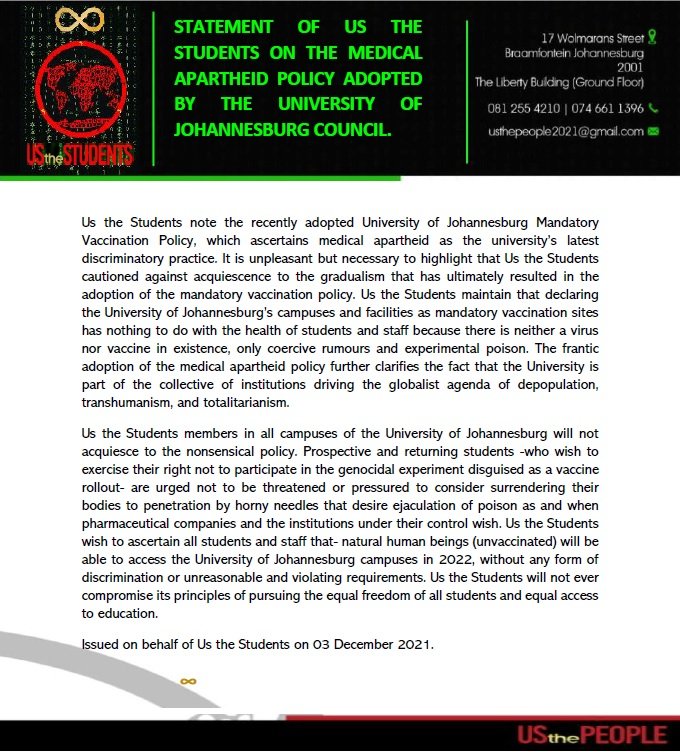 Usthe_People's tweet photo. STATEMENT OF US THE STUDENTS ON THE MEDICAL APARTHEID POLICY ADOPTED BY THE UNIVERSITY OF JOHANNESBURG COUNCIL.

Issued on behalf of Us the Students on 03 December 2021. https://t.co/ouAaKyqOrc