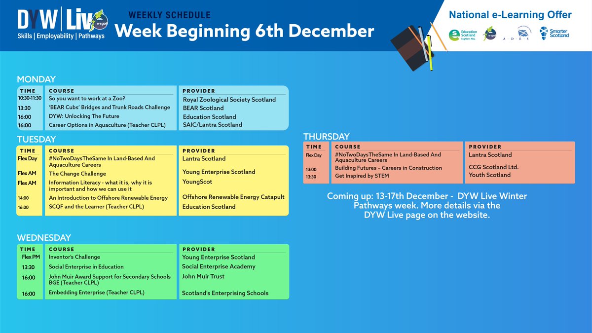 eSgoil's tweet photo. Please take a look at what's on offer from e-Sgoil for w/b 6th December. 
We also have some exciting new content coming up shortly which will be announced next week. Watch this space.
@EducationScot @west_os @ADEScotland @DYWScot @NAllianceScot @ESskills 
https://t.co/ABK0rDPMs8 https://t.co/P4JQlpnpzK