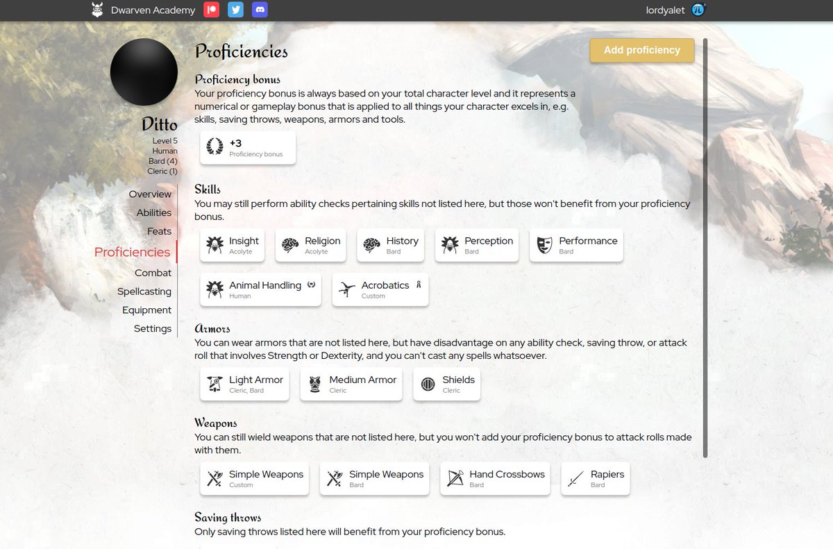 DwarvenAcademy's tweet photo. Oh oh! There's a new flamboyant proficiency page coming to https://t.co/cS9K8qpIsJ soon! This should make it a lot easier to view and choose your proficiencies.
#dnd5e #dndtool #ttrpgfamily https://t.co/WaWjkQd7IX