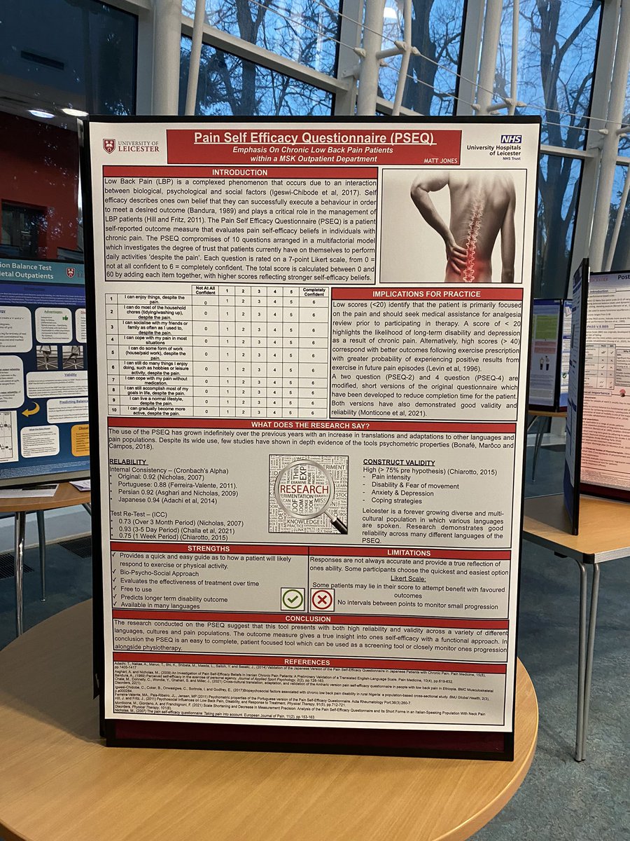 MattJones_PT's tweet photo. I just had the opportunity to present this poster on an outcome measure (PSEQ), which I had completed on behalf of my last placement within the MSK Leicester City Team. Really happy with the final product😅🎉 #physiotherapy #NHS #PSEQ #LeicesterUniversity https://t.co/tx3QWGxABF