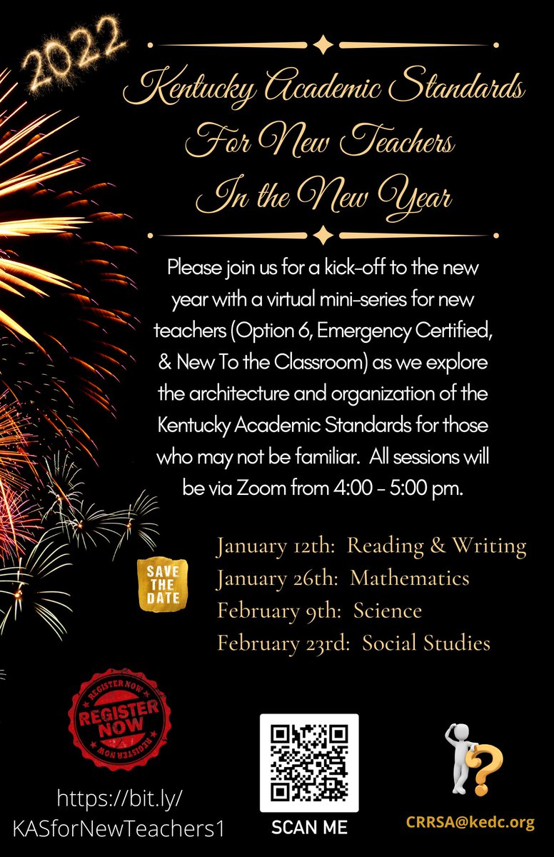 Join us in kicking off the new year with a look at the Kentucky Academic Standards for new teachers (Option 6, Emergency Certified, New to the Classroom, etc.) Our virtual series kicks off January 12th! Register here: bit.ly/KASforNewTeach…
<a href="/KEDC1/">KEDC</a> #KEDCCRRSA <a href="/KyDeptofEd/">KY Dept of Education</a>