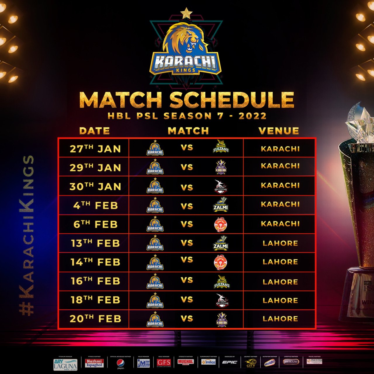 Karachi Kings Hbl Psl 7 Schedule Is Here Kings Will Be Playing The First Match Of Pakistan Super League S 7th Edition Against Sultans On 27th January 22 Karachikings