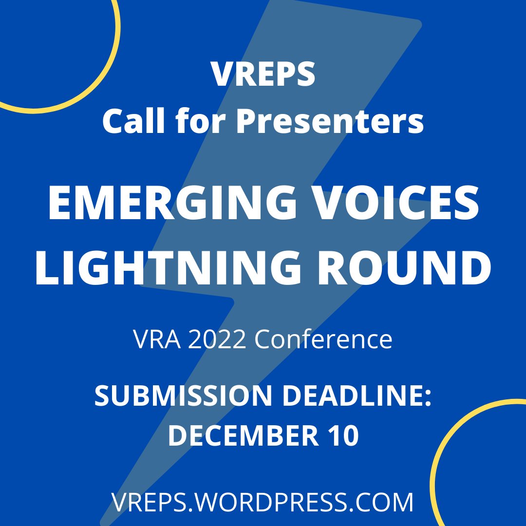 snarkives's tweet photo. Students and new professionals of @VisResAssn -- Please share your work with us at VRA 2022 in VREPS' Emerging Voices Lighting Round! CFP details and submission form available at the link: https://t.co/w7g8lYmw3A

#GLAM #LIS #LISstudents #MLIS #libraryschool #libraries https://t.co/SgXQIM3g19