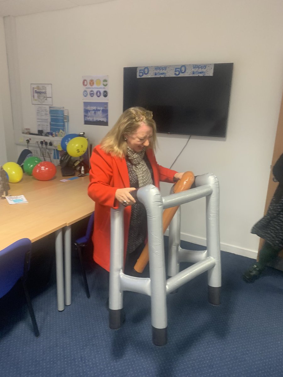 KirkintillochHS's tweet photo. All of the staff and pupils would like to wish Mrs Daniel a wonderful birthday tomorrow 🥳🎂 She even laughed at the zimmer 😂 SMT are very relieved! https://t.co/rcnF33kD3J