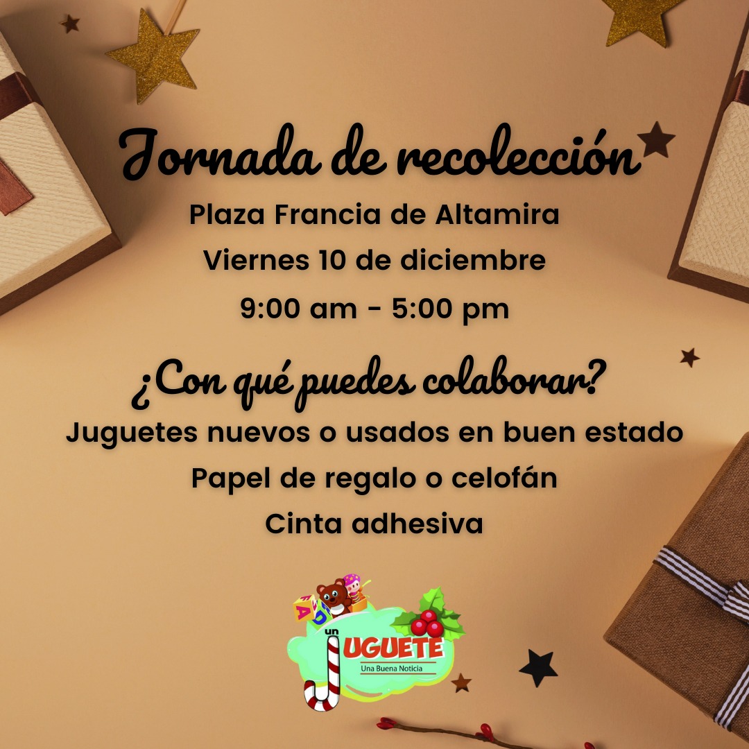 ¡¡¡Corre la voz y guarda la fecha!!! 📢🗓️ El viernes 10 de diciembre tenemos jornada de recolección de juguetes en Plaza Altamira, de 9am a 5pm. 

Lleva tu donativo y ayúdanos a procurar buenas noticias. 

¡Te esperamos! 🙏🏻🌲🎁