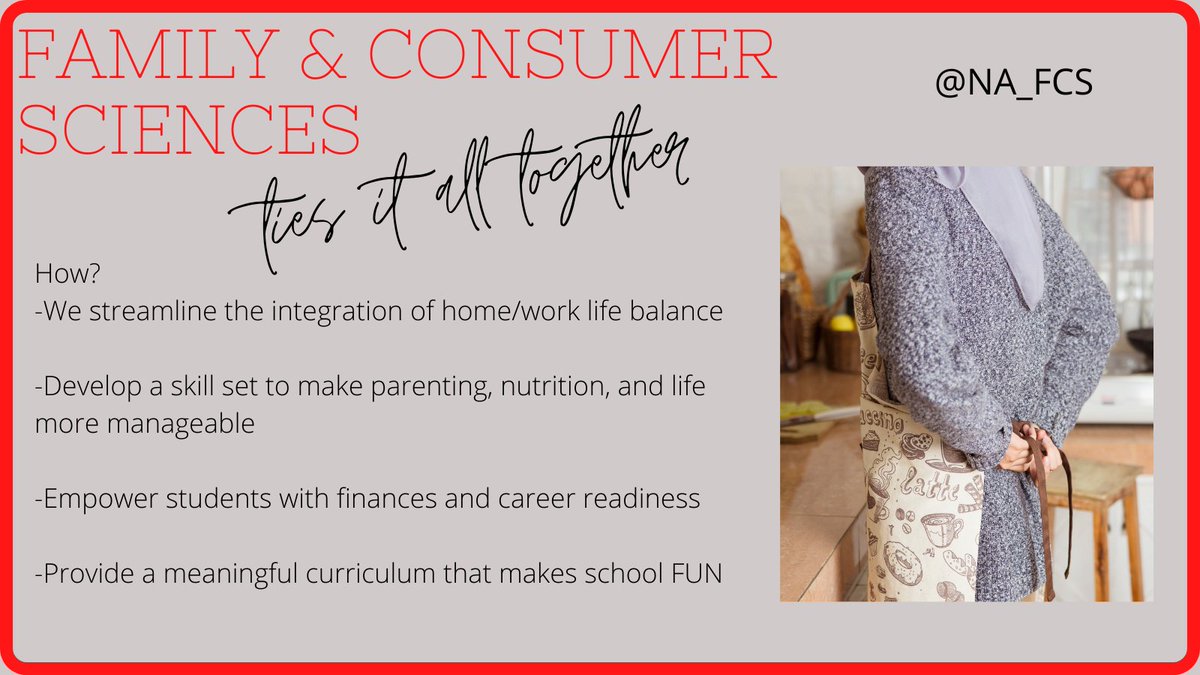 NA_FCS's tweet photo. Today is #FCSday and this year's apron theme is so perfect to describe #FamilyandConsumerSciences. The apron can be purposeful and beautiful, meaningful and nostalgic. Just like life, it can get messy too. We love being an elective our @NA_Schools families value! #SayyestoFCS https://t.co/B7QrkKftXW