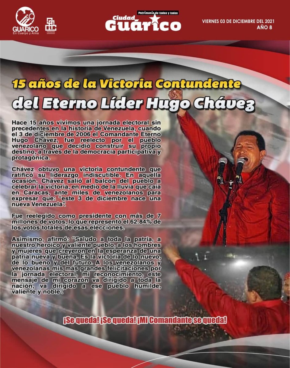 Gob_Guarico's tweet photo. #CiudadGRC️🗞 15 años de la Victoria Contundente del Eterno Líder Hugo Chávez 

#Guárico
#DiscapacidadNoEsExclusión
#NavidadesFelicesEnGuárico https://t.co/QRSZdsSYQz