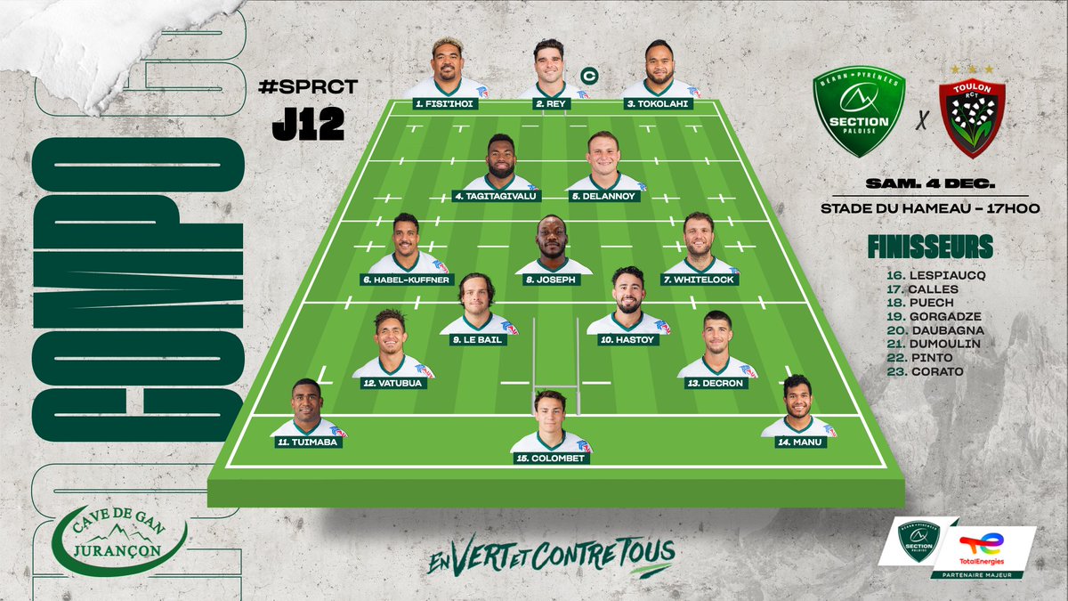 𝑳𝒂 𝒄𝒐𝒎𝒑𝒐

📋 La <a href="/CaveJurancon/">La Cave de Jurançon</a>  vous présente l'équipe qui affrontera le <a href="/RCTofficiel/">RCT – Rugby Club Toulonnais</a> samedi à 17h00 au Hameau !

🎟 Prenez vite vos places 👉 bit.ly/32KKtOL

#SPRCT #TOP14 #HonhaSection #EnVertEtContreTous