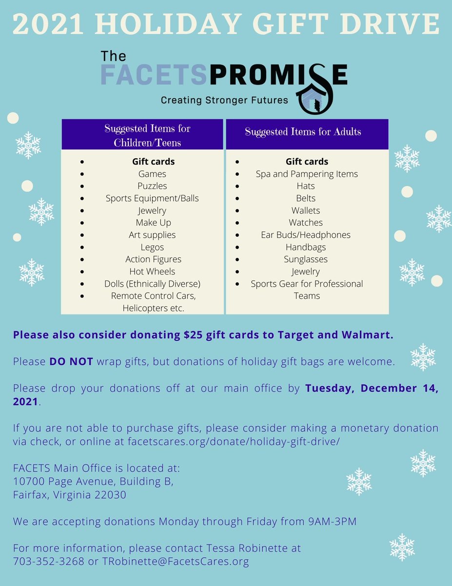 FACETSCares's tweet photo. FACETS is collecting new toys, gifts, and gift cards for the 2021 Holiday Gift Drive! We are collecting until Tuesday, December 14th, 2021 at our office 9 am to 3 pm. Donations can be dropped off, or check mailed, to 10700 Page Avenue, Building B, Fairfax, VA 22030. https://t.co/V5CKPLCUvR