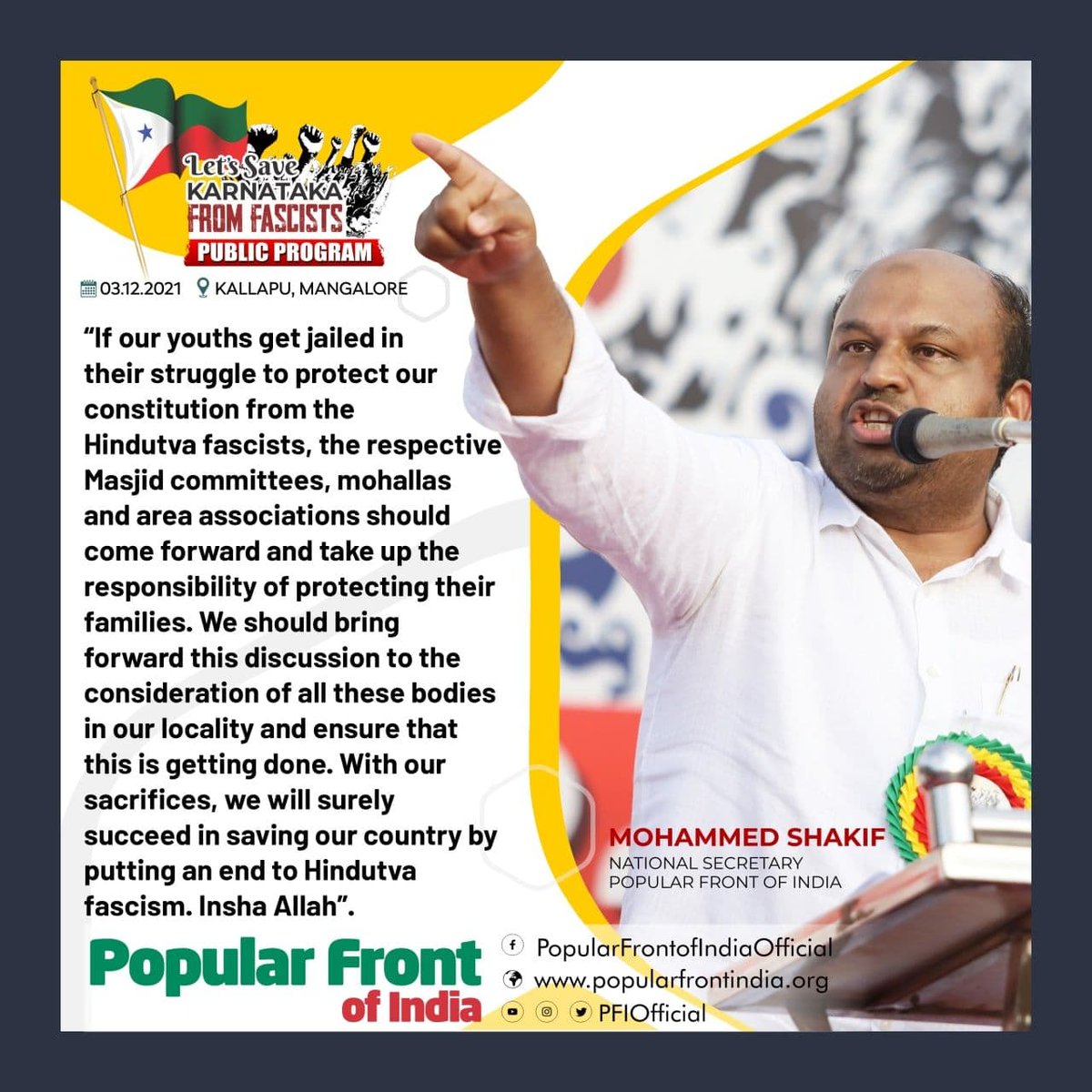 PFIOfficial's tweet photo. “If our youths get jailed in their struggle to protect our constitution from the Hindutva fascists, the respective Masjid committees, mohallas &amp; area associations should come forward and take up the responsibility of protecting their families..."

~ Mohamed Shakif(@ShakifPFI) https://t.co/jKK90C9raR