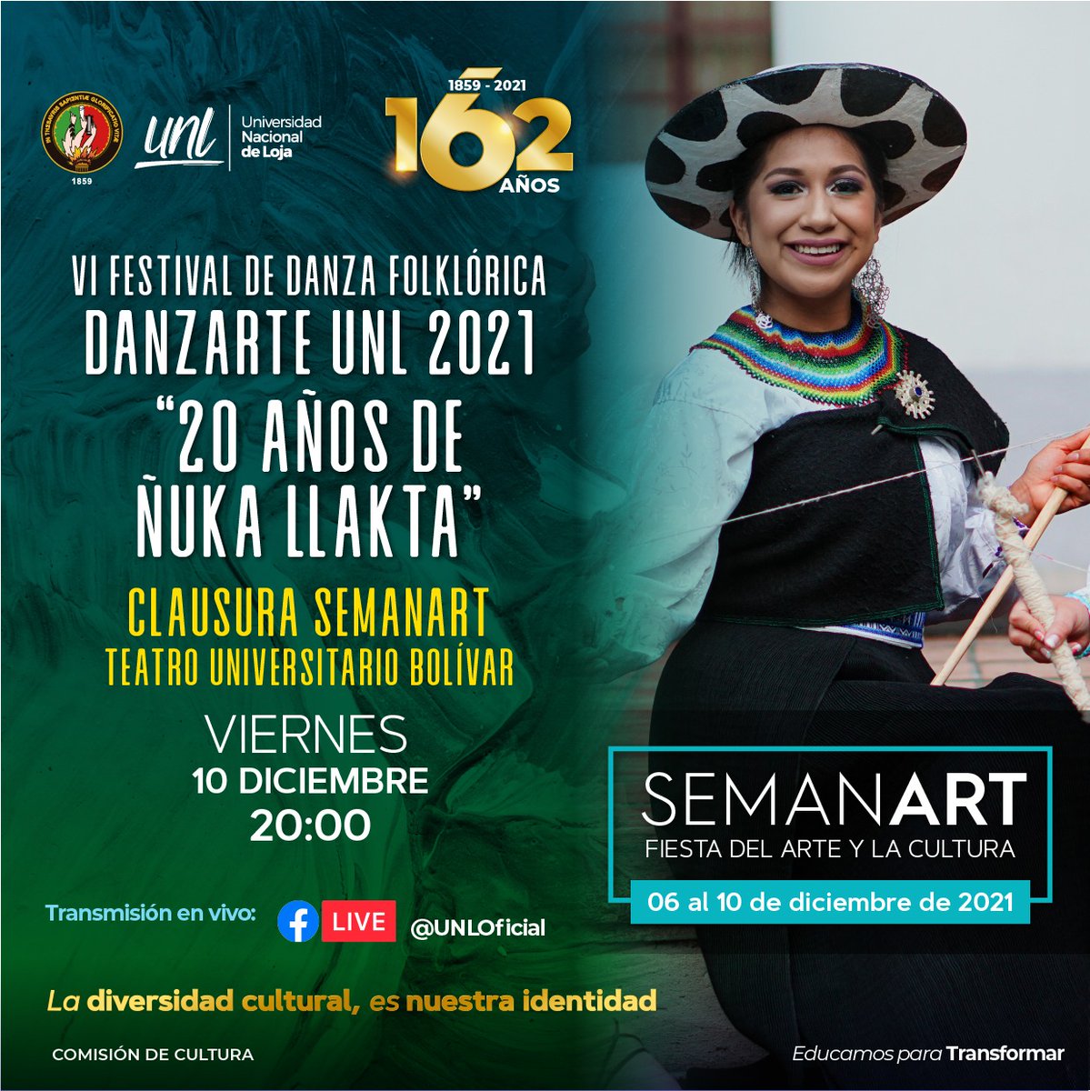 UNLoficial's tweet photo. 📌 Finalizamos #Semanart, la fiesta del arte y la cultura, este 10 de diciembre, con el VI Festival de Danza folklórica. 

⏰ 20H00 
🔴 Transmisión en vivo

#162AñosUNL https://t.co/EMa5T08xWZ