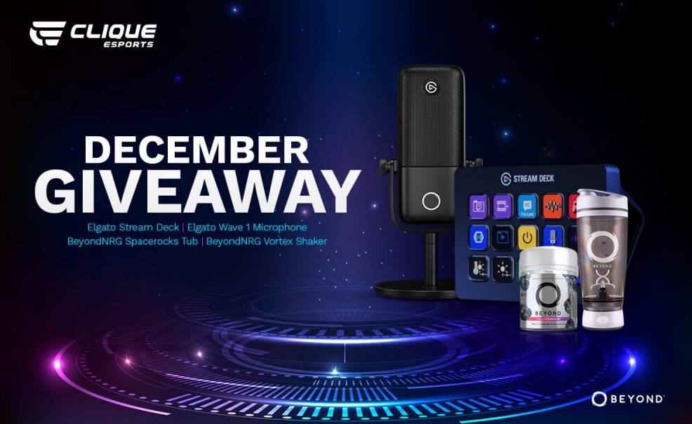 🎄 December Christmas Giveaway 🎄

We are giving away the following:-
🕹️<a href="/elgato/">Elgato</a> stream deck
🎙️<a href="/elgato/">Elgato</a> wave 1 microphone
⚡@beyondNRG Spacerocks Tub
🧃@BeyondNRG Vortex Shaker

📝 Requirements
🔔 Follow @Clique_GG &amp; <a href="/beyondnrg/">Beyond NRG</a> 
✔️ Retweet this tweet
🧑‍🤝‍🧑 comment 2 people below!