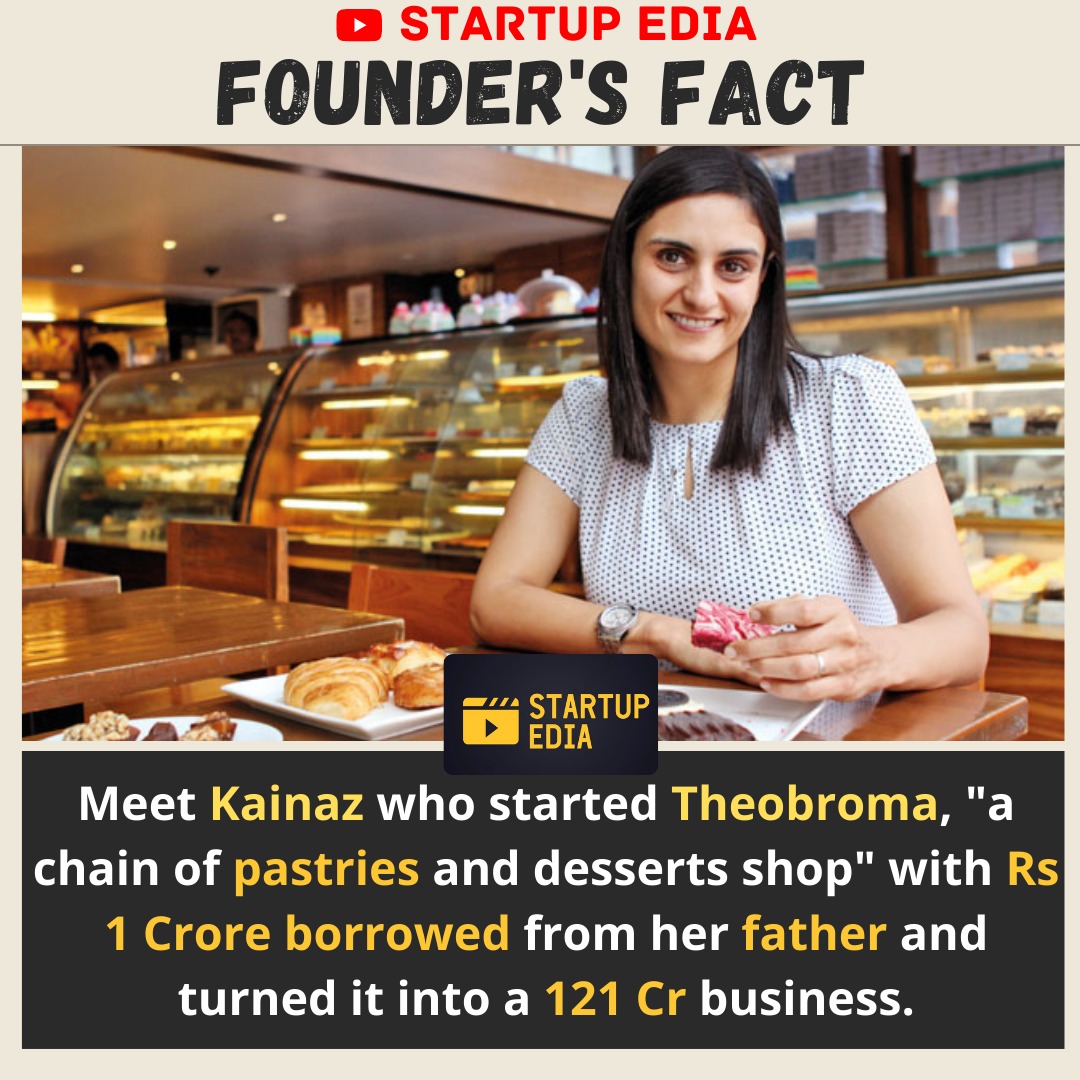 STARTUPEDI's tweet photo. Meet Kainaz who started Theobroma, "a chain of pastries and desserts shop" with Rs 1 Crore borrowed from her father and turned it into a 121 Cr business.
#bakery
#bakesofinstagram
#cake #pastry #doughter #theobroma
#startup #enterpenure 
@kainazmessman 
@theobromapatisserie https://t.co/8kMW3VLzWN