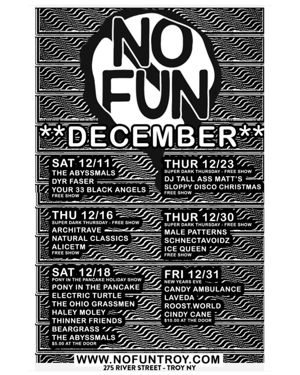 The Abyssmals / DYR FASER / Your 33 Black Angels will be the first ever show to happen at new music venue No Fun in Troy NY. Sat. Dec. 11th.