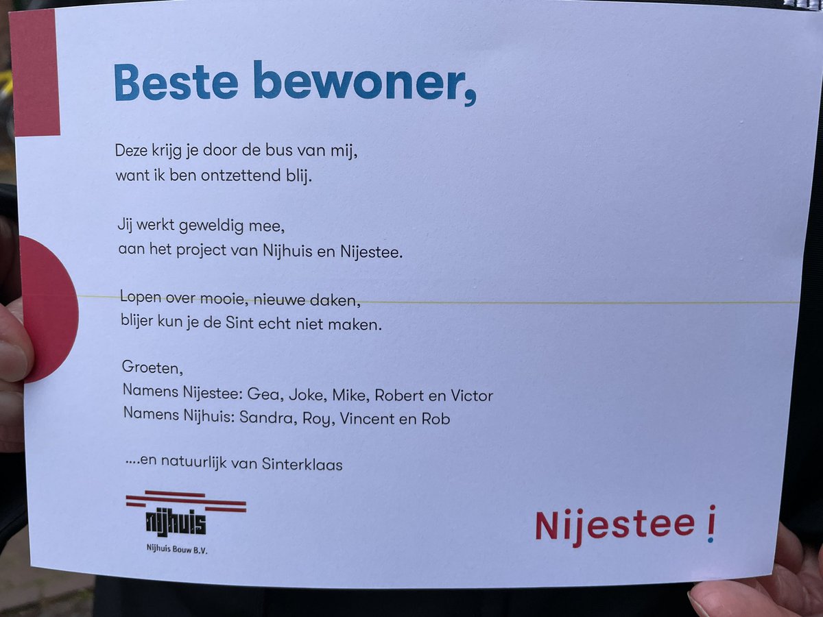 We zijn bijna klaar met het project woningverbetering aan de Seringenhof. Vandaag hebben we de bewoners van @Nijestee een chocoladeletter gebracht. Fijne Sinterklaas en bedankt voor jullie medewerking! Ook namens aannemer <a href="/Nijhuis_Bouw/">Nijhuis Bouw B.V.</a>