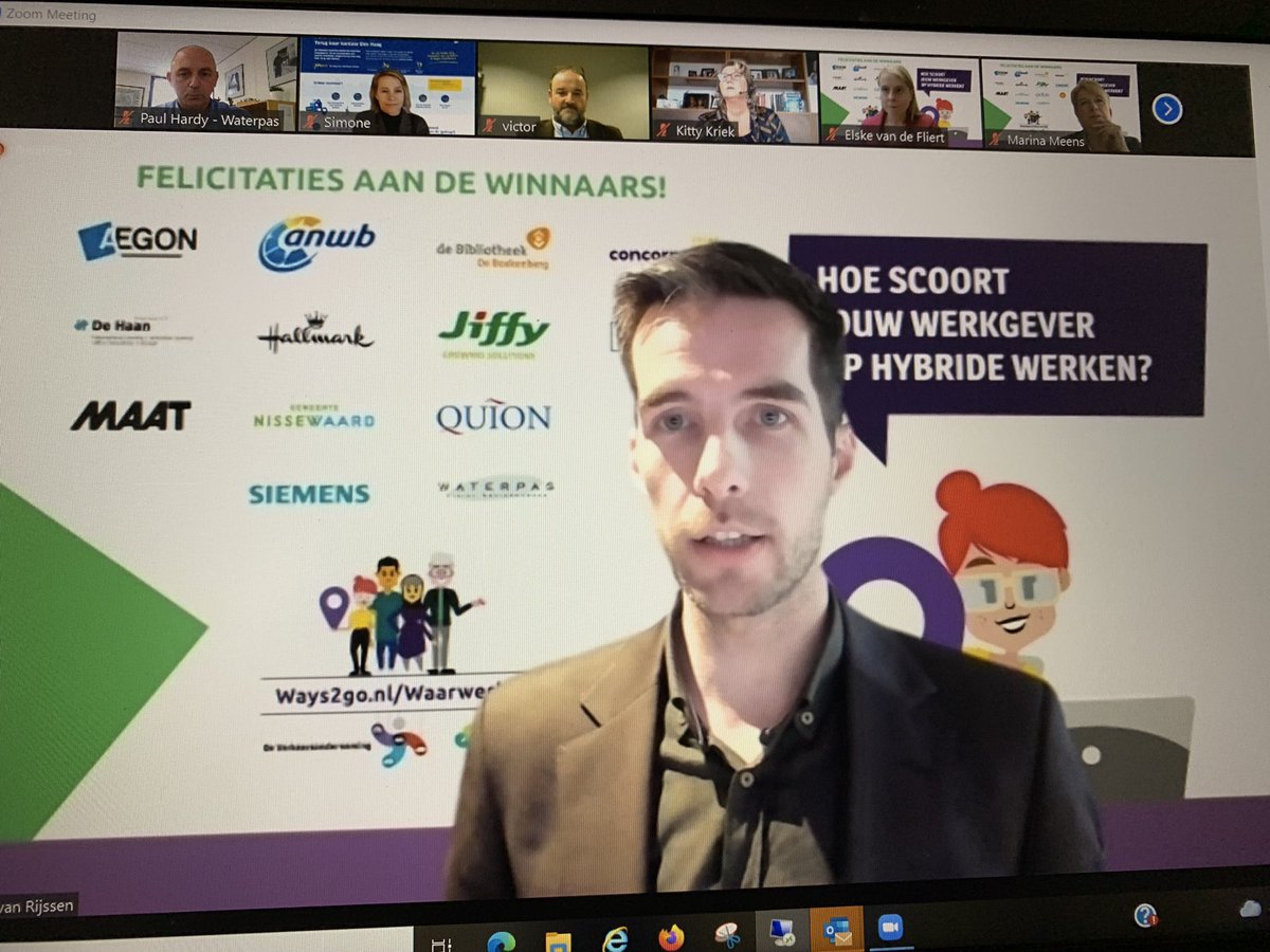 ￼
Waterpas gaat steeds flexibeler werken. Zo’n 20 bedrijven ontvingen een Ways2go ‘Waar werk jij’ Award, zoals oa. Aegon, ANWB, Shell, Siemens, HallMark, Waterpas Civiel Adviesbureau, gemeente Nissewaard. Mooi om Waterpas te vertegenwoordigen op dit inspiratie volle webinar.