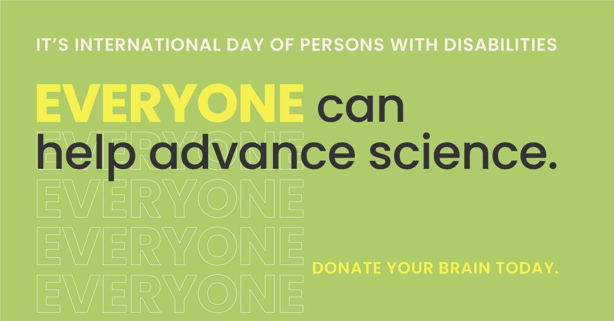 braindonorproj's tweet photo. Weโre looking toward the future on this #InternationalDayofPersonsWithDisabilities. Since neurological diseases and disorders are often the cause, please consider donating your brain to advance science. #brainresearch #braindonation #braindonor
https://t.co/Q7adVjN7Bv https://t.co/XoHziduiKs