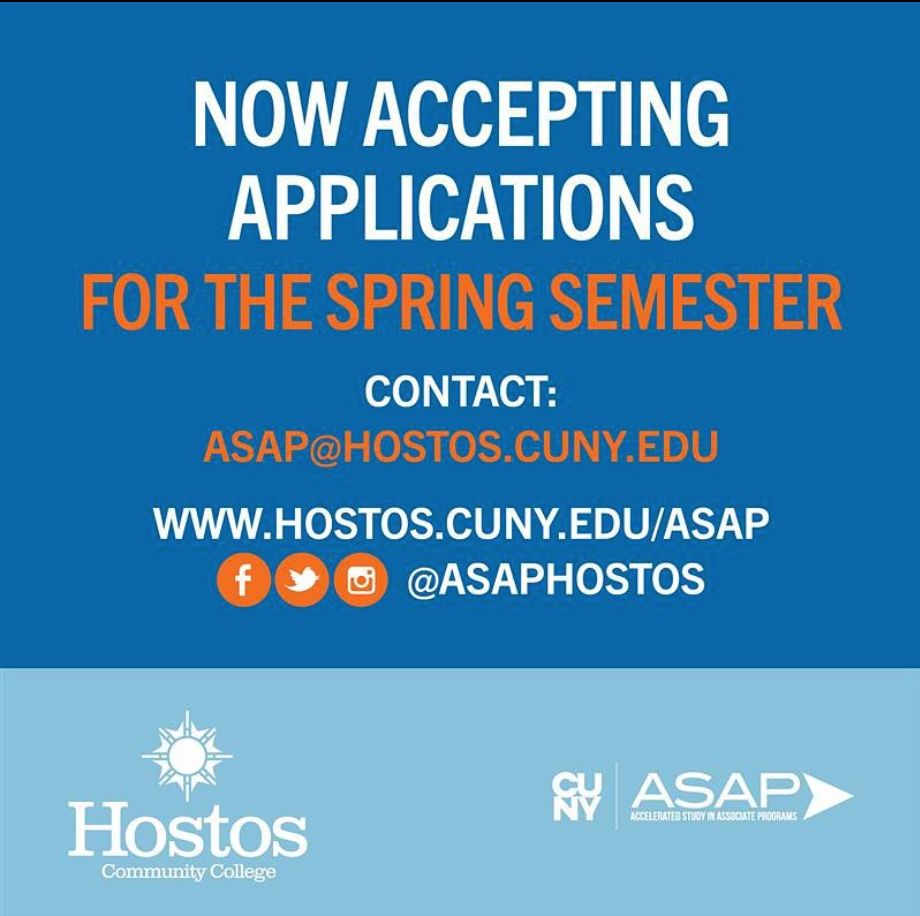 HostosWriting's tweet image. RP:@asapathostos
We now accepting applications for the Spring semester of 2022!
Sign up now and be apart of our ASAP family.

For more information email ASAP at: ASAP@hostos.cuny.edu
or visit bit.ly/3xQQIvH

#CUNYASAP #ASAPProgram #SpringSemester2021 #CUNY #HCC #Hostos