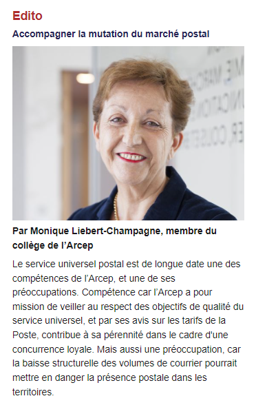 Arcep's tweet photo. 📬Accompagner la mutation du marché postal:
Monique Liebert-Champagne signe l'édito dans #LePost sur le rôle de l'@Arcep en tant que régulateur du service universel postal &amp; la publication de l'observatoire postal en octobre 2021 désormais enrichi de données des acteurs du colis https://t.co/015AOZPRu9